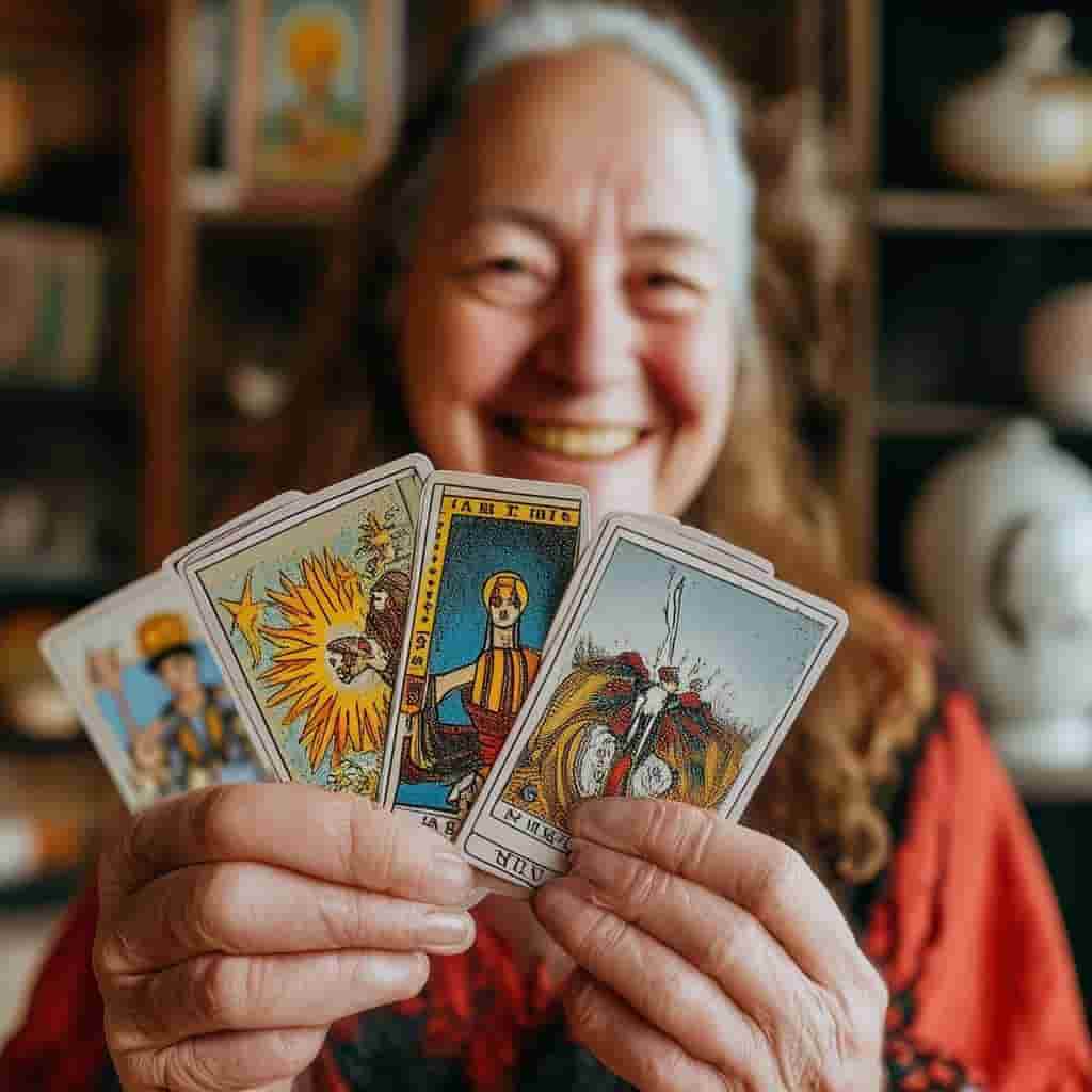 Foto de una señora de edad practicando el tarot en linea y sonriendo 