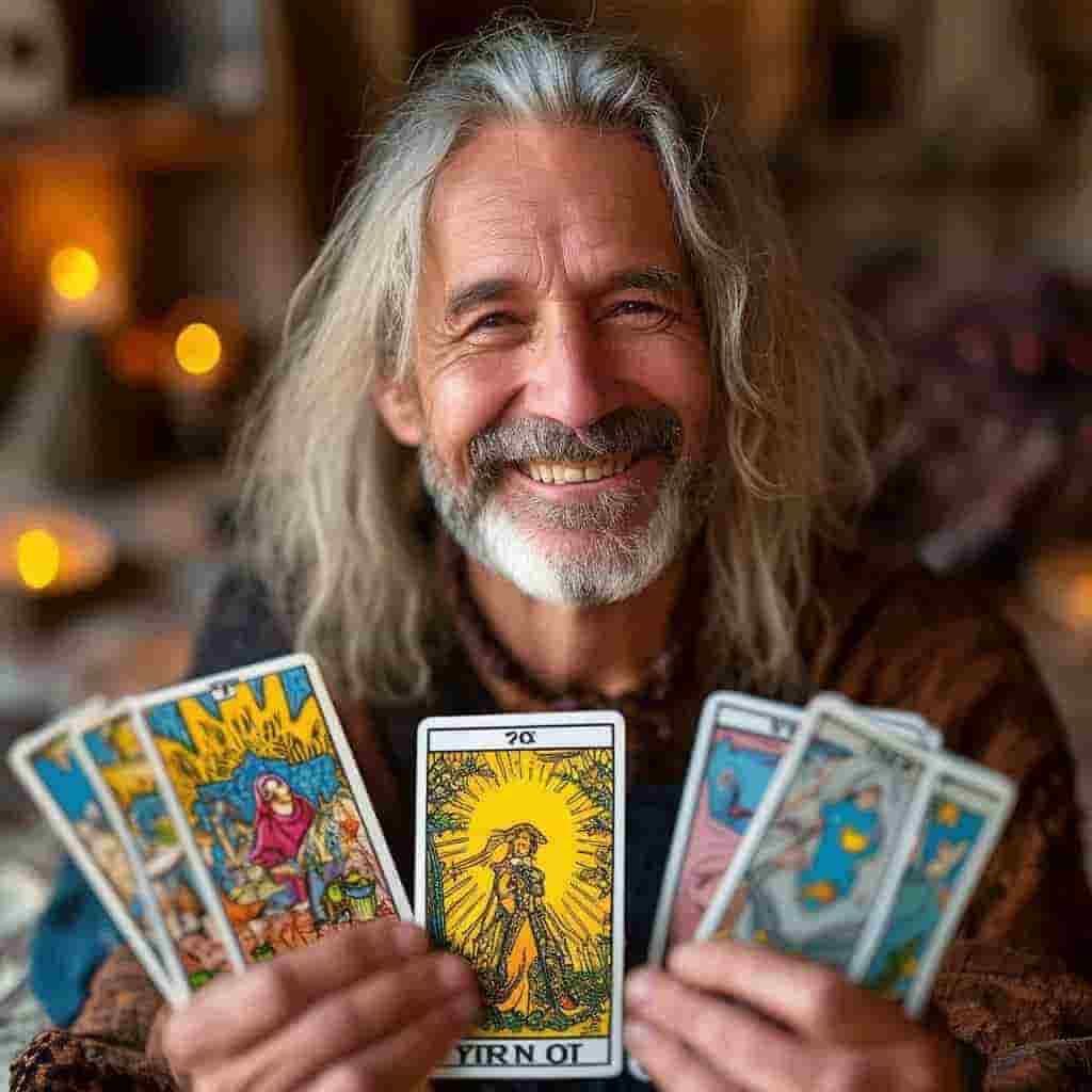 Un señor y de barba sonriendo y en sus manos tiene 7 cartas abiertas de el tarot 