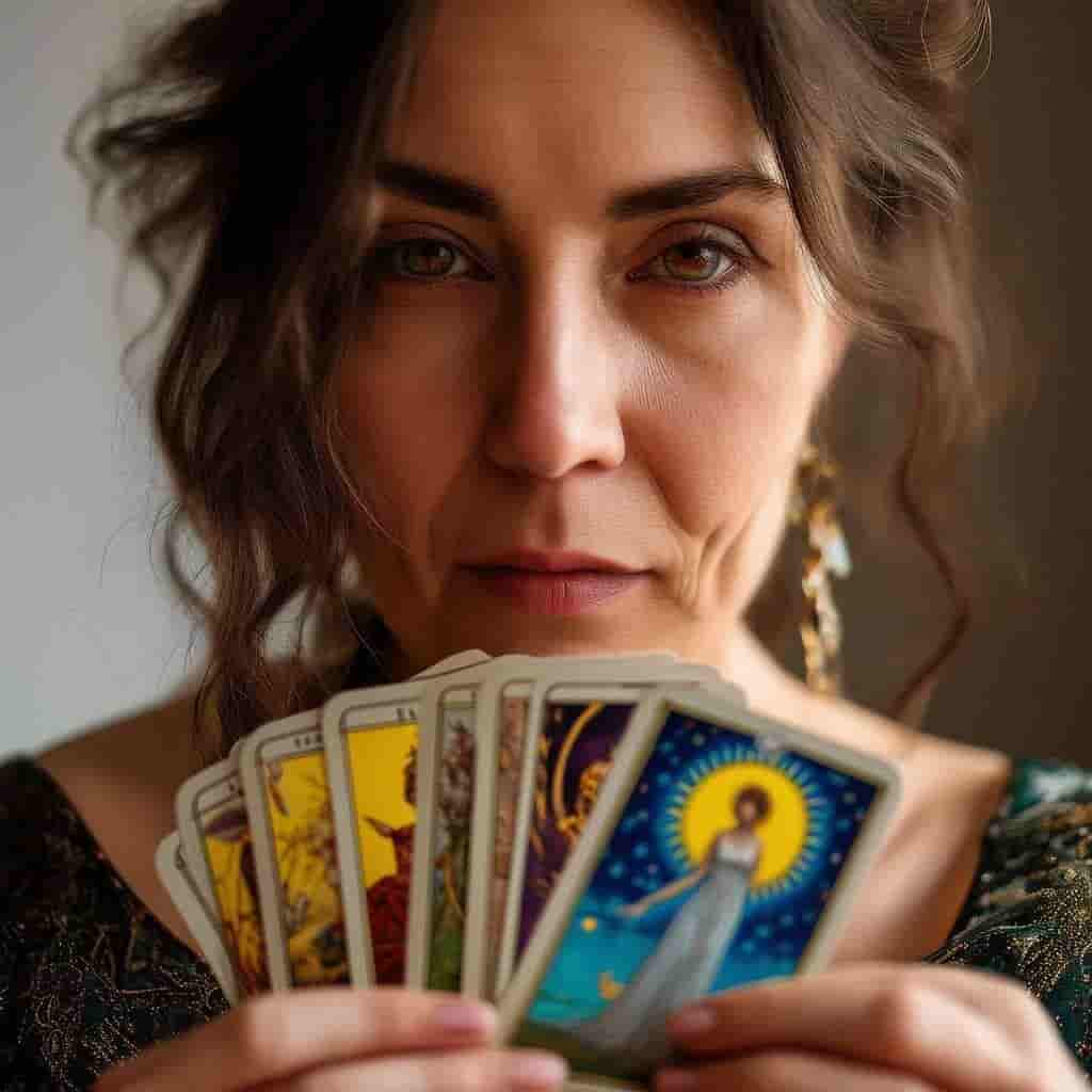 Una persona mayor revelando su interpetacion con las cartas puestas sobre sus manos