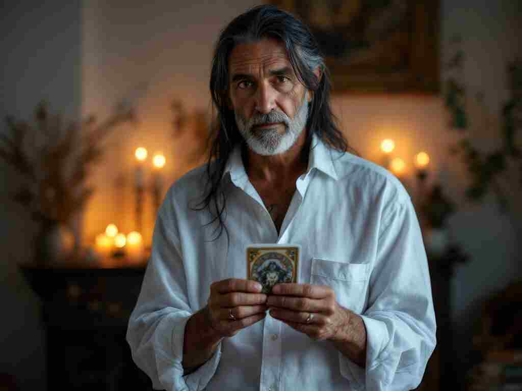 hombre vidente experto enseñando las cartas del tarot
