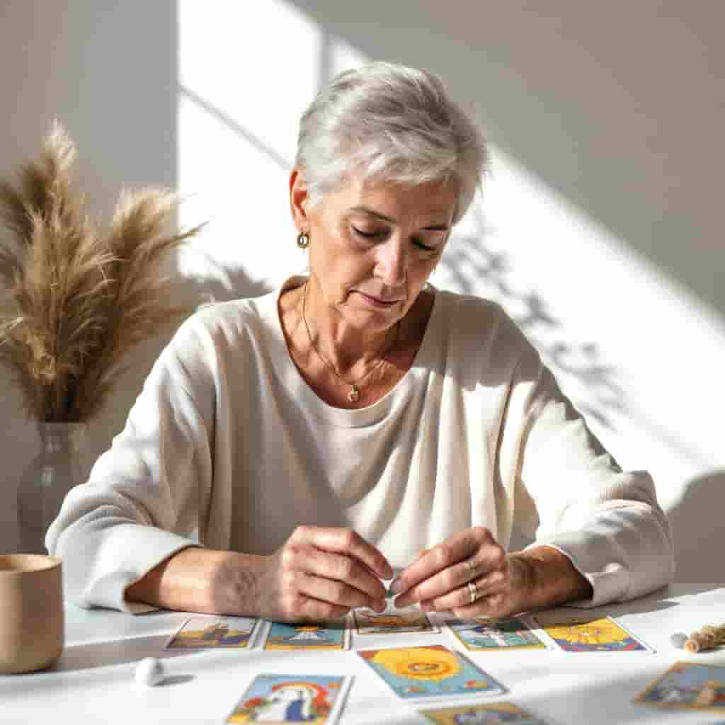 señora mayor viendo las cartas del tarot sobre la Mesa